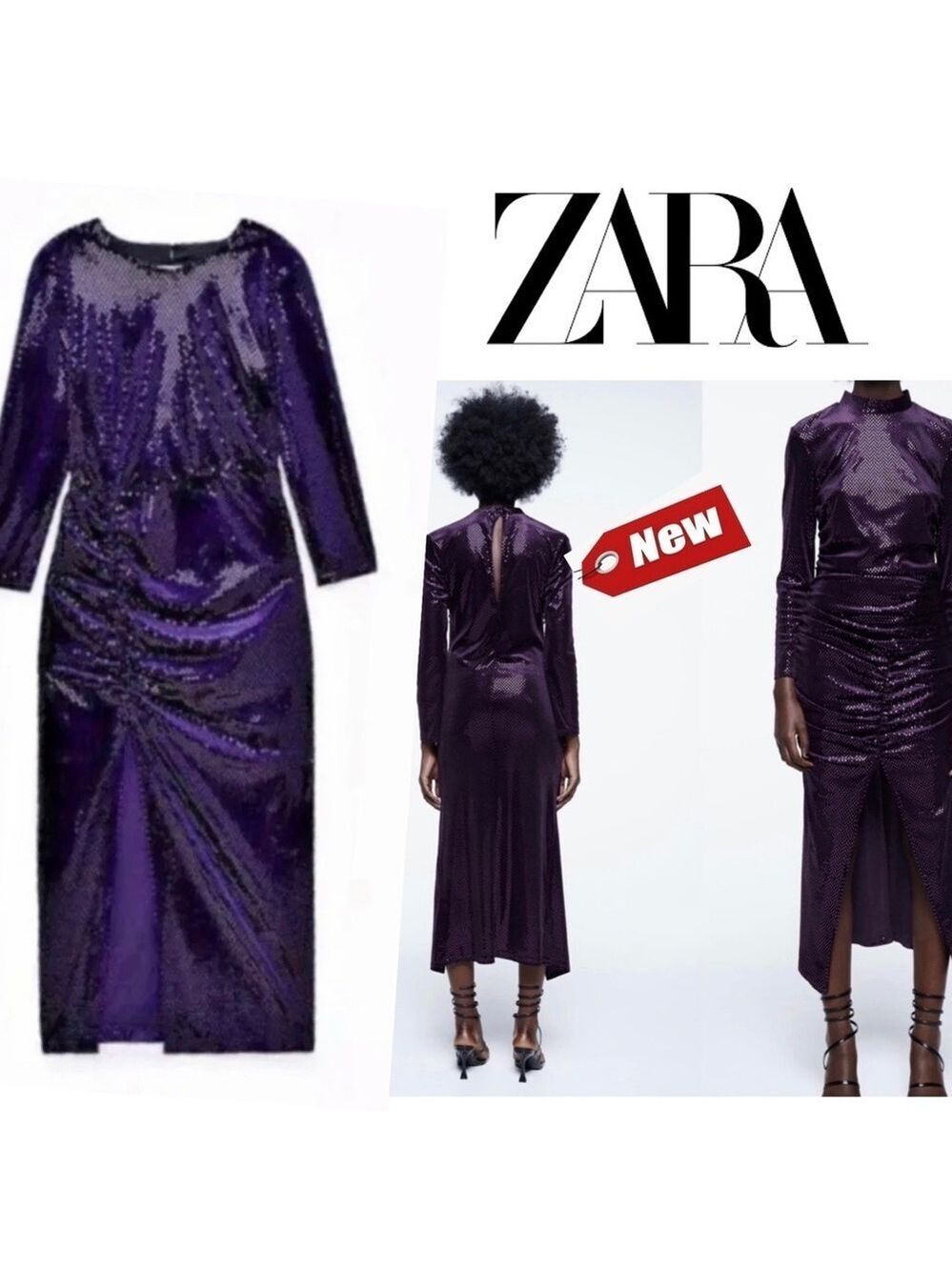 Zara Festive Days purple sparkly sequin velvet ruched longsleeve dress Sz S NWT